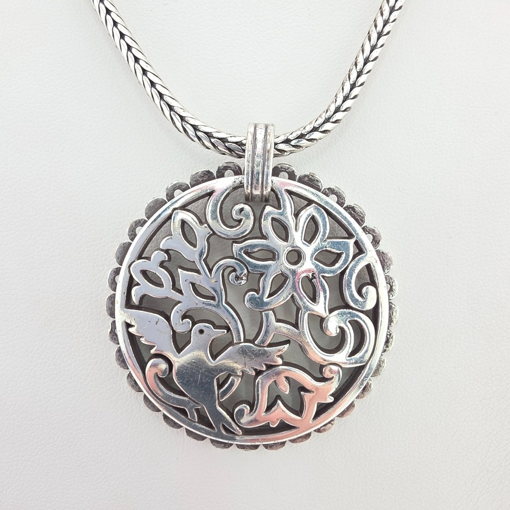 BRIGHTON 'Song Bird' Necklace Reversible Scroll Filigree Bird Silver Plate 18"